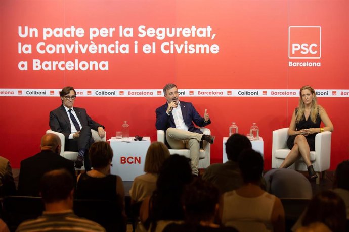 Salvador Illa, Jaume Collboni y Maria Eugnia Gay presentan un pacto sobre seguridad, convivencia y civismo en Barcelona