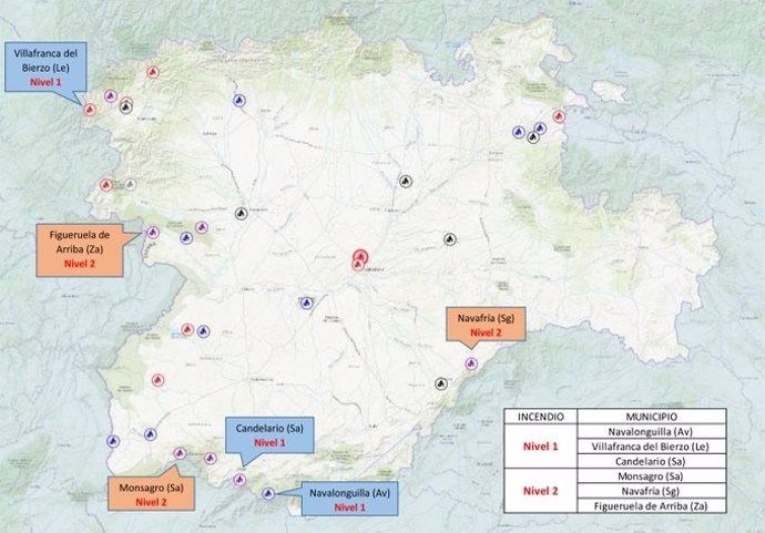 Situación de los incendios en Castilla y León el 15 de julio de 2022.