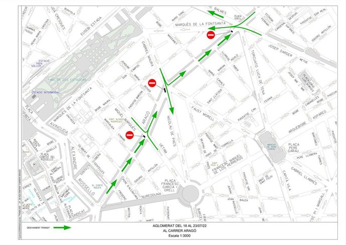 Mapa con los desvíos de tráfico previstos