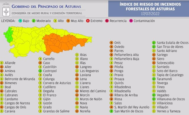 Índice De Riesgo De Incendio Forestal En Asturias Para Este Domingo, 17 De Julio De 2022.