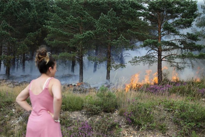 Ciudadanos observan un incendio forestal, a 16 de julio de 2022, en A Pobra do Brollón, Lugo, Galicia.