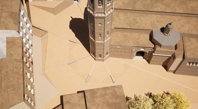 Recreación de plaza de San Andrés de Calatayud que tras las obras realzarán la iglesia y su torre mudéjar