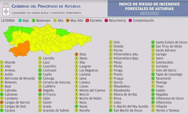 Índice De Riesgo De Incendio Forestal En Asturias Para El Lunes 18 De Julio De 2022.