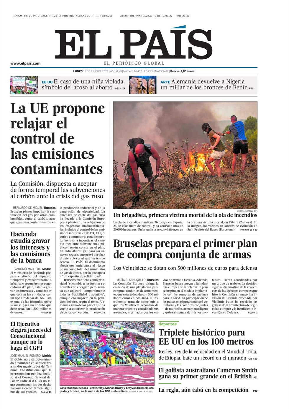 Portada de El País del lunes 18 de julio de 2022