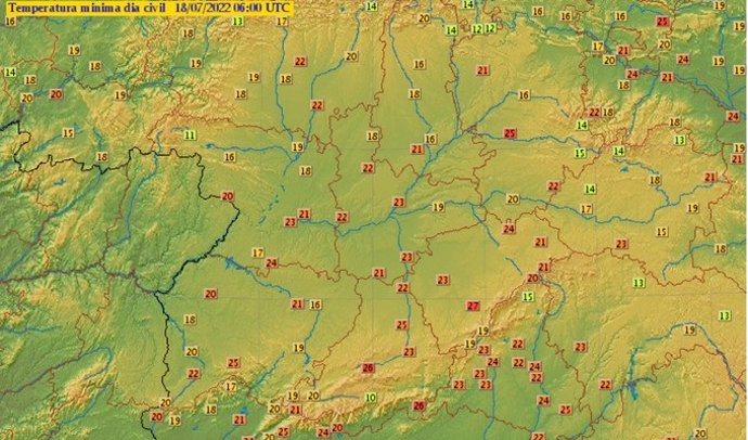 Mapa facilitado por la Aemet con las temperaturas en la "noche tropical" del domingo al lunes 18 de julio
