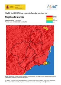 El nivel de riesgo de incendio forestal previsto para este lunes es extremo en toda la Región de Murcia