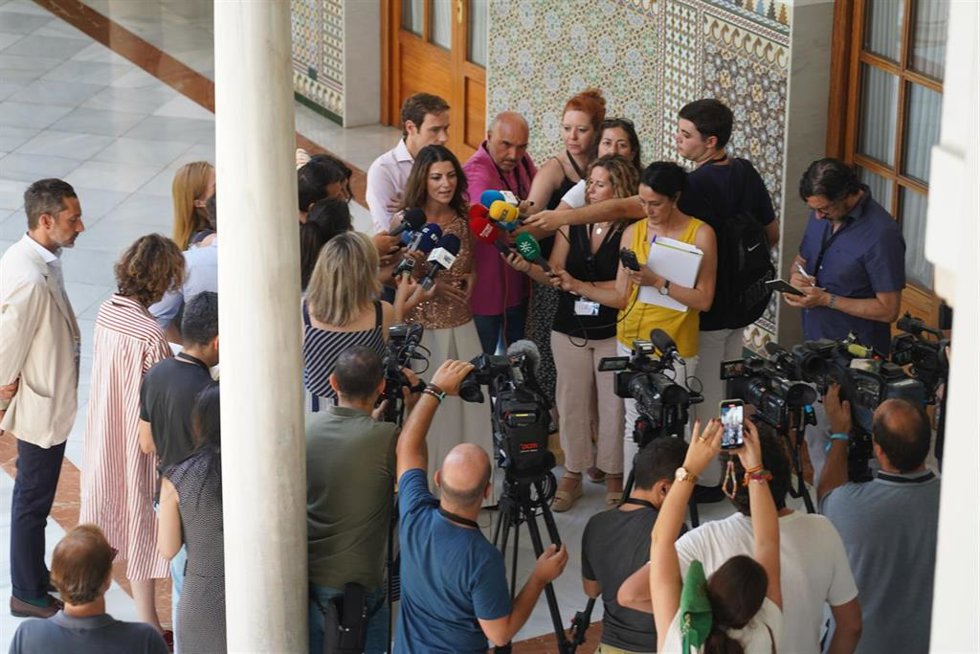 La portavoz del grupo parlamentario Vox, Macarena Olona ,en declaraciones a la prensa en el inicio de  la ronda de consultas con los grupos parlamentarios previa a proponer un candidato a la sesión de investidura del presidente de la Junta a 18 de julio