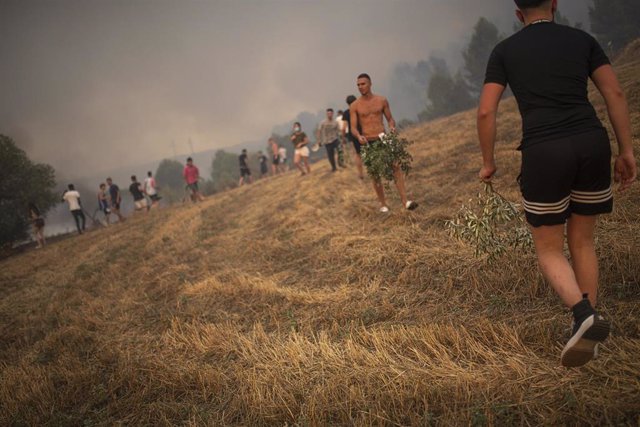 Vecinos colaboran en las labores de extinción en un incendio forestal, a 17 de julio de 2022, vistas desde Sant Fruitós del Bages, Barcelona, Cataluña, (España). 