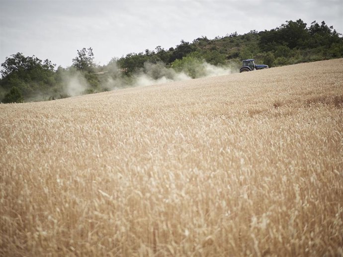 Imagen de archivo de un tractor en un campo navarro.