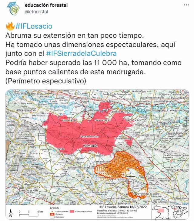 Tuit de la cuienta @eforestal con una primera estimación de superficie afectada en el incendio de Losacio (Zamora).