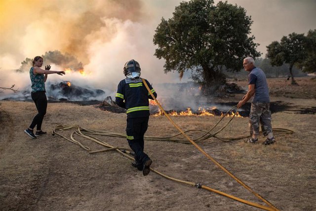Un bombero y dos vecinos trabajan en la extinción del incendio de Losacio, a 17 de julio de 2022.