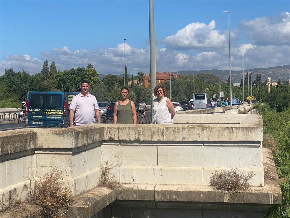 Irene Ruiz (centro), entre los ediles de IU Pedro García y Alba Doblas, en el Puente de San Rafael.