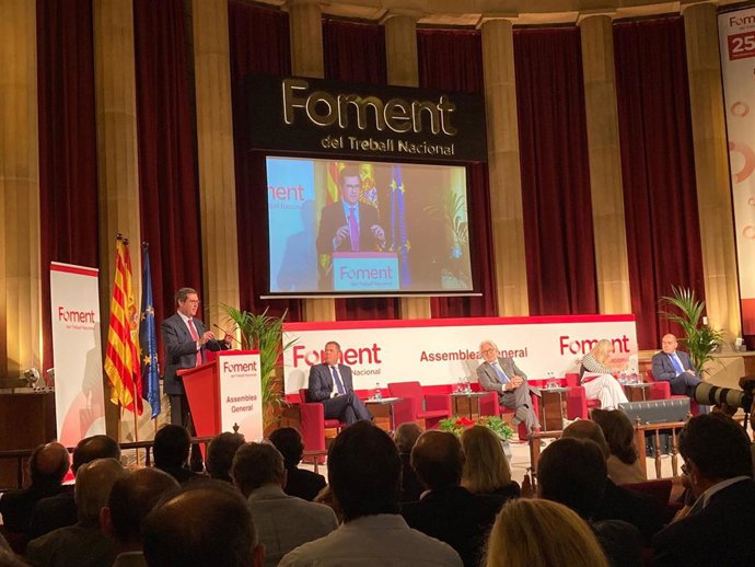 El presidente de la CEOE, Antonio Garamendi, este lunes en la sede de Foment de Treball en Barcelona