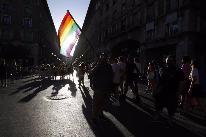 Un hombre levanta una bandera durante una manifestación por el Orgullo LGTBI, a 28 de junio de 2022, en Palma de Mallorca, Baleares (España). Con esta marcha, que se celebra bajo el lema '30 años de lucha. Derechos y resiliencia, durante el Día Interna