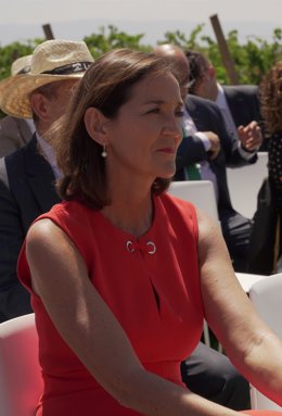 La ministra de Industria, Comercio y Turismo, Reyes Maroto, durante la presentación de la 7 Conferencia Mundial de la Organización Mundial de Turismo (OMT) sobre Turismo Enológico 2023, a 11 de julio de 2022, en Briones, La Rioja (España). 