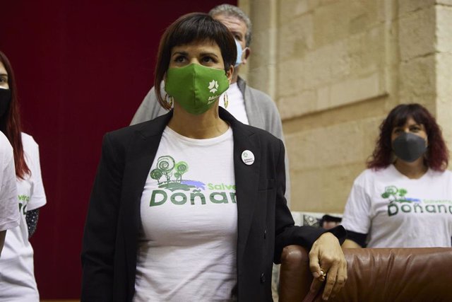Archivo - La diputada no adscrita, Teresa Rodríguez, porta una camiseta para salvar el Parque Nacional de Doñana durante la Sesión Plenaria Ordinaria en el Parlamento de Andalucía, a 9 de febrero de 2022 en Sevilla (Andalucía, España) (Foto de archivo).