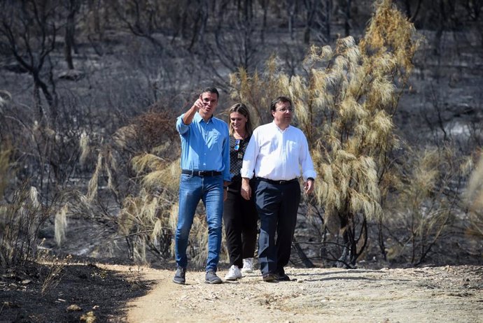 Pedro Sánchez y Fernández Vara visitan la zona de los incendios en Casas de Miravete, este pasado lunes