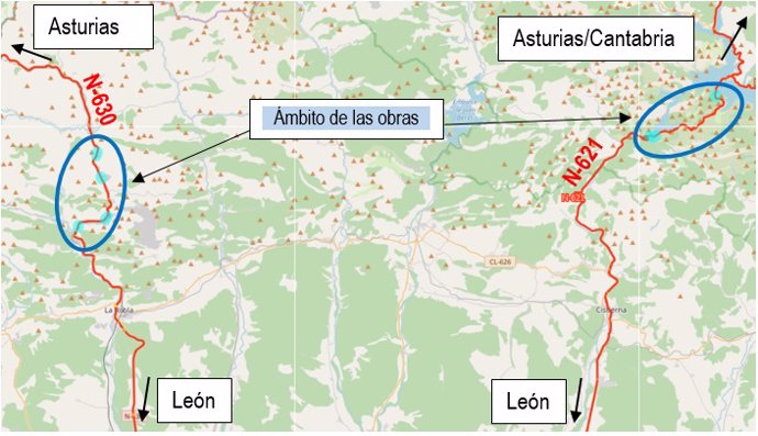 Mapa de la ubicación de los túneles en los que actuará el Mitma en la provincia de León.