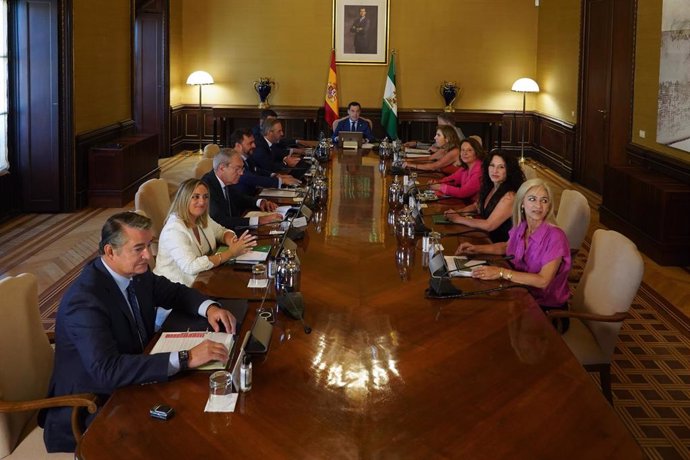 El presidente de la Junta en funciones, Juanma Moreno, preside la última reunión ordinaria del Consejo de Gobierno del actual mandato en el Palacio de San Telmo a 19 de julio del 2022 en Sevilla (Andalucía, España)