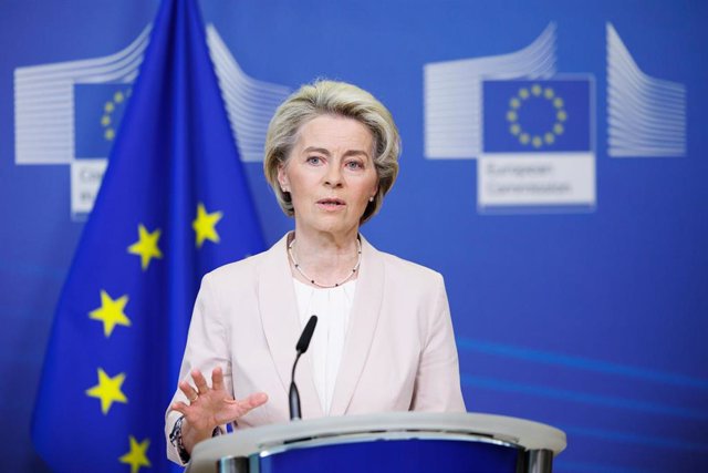 HANDOUT - 19 July 2022, Belgium, Brussels: European Commission President Ursula von der Leyen, speaks during a joint press conference with Czech Prime Minister Petr Fiala, North Macedonia's Prime Minister Dimitar Kovacevski, and Albanian Prime Minister 