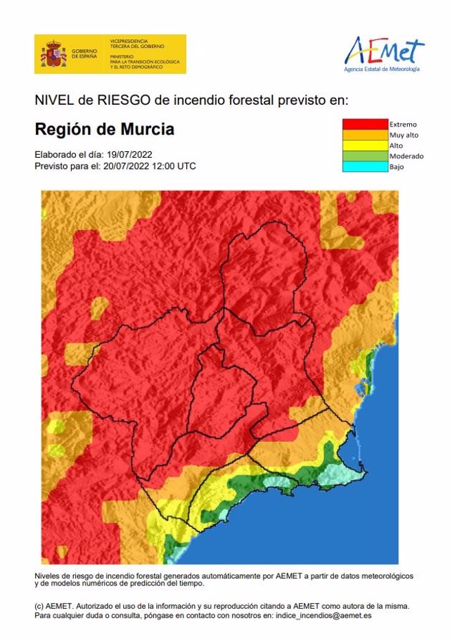 Mapa que muestra el nivel de riesgos de incendios forestales