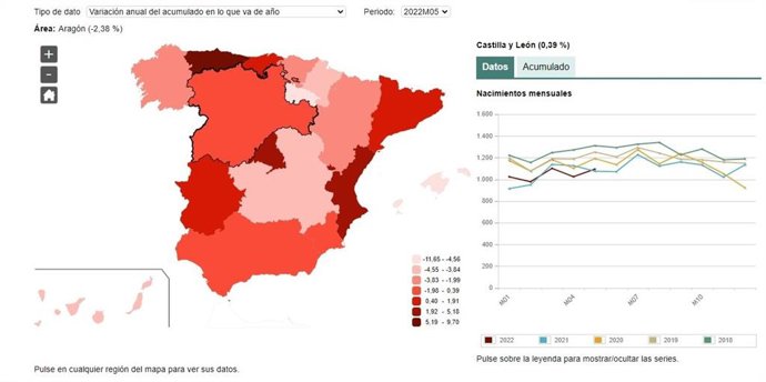 Pantallazo del mapa elaborado por el INE sobre la estimación de nacimientos hasta el mes de mayo de 2022 en CyL