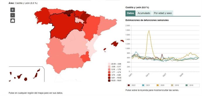 Mapa elaborado por el INE con datos sobre las defunciones en el primer semestre del año que suben un 6,6% en CyL
