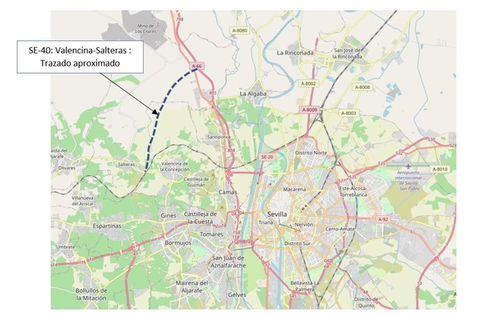 Mapa con el trazado de la SE-40 aprobado por el Gobierno; en concreto, el tramo Valencina-Salteras.