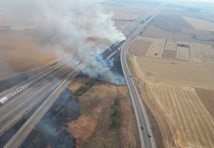 Incendio junto a la autovía A-62 en Robliza de Cojos (Salamanca).