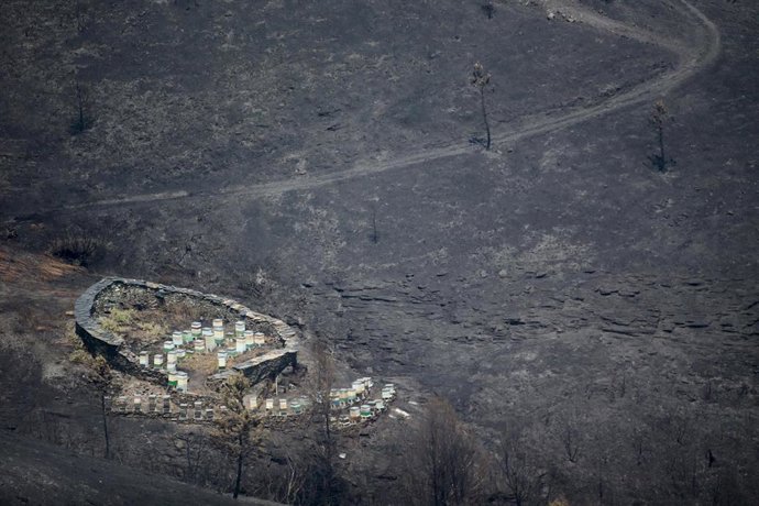 Vista general de la zona afectada por el fuego de Folgoso do Courel, a 20 de julio de 2022, en Folgoso do Courel, Lugo, Galicia (España). La Consellería de Medio Rural ha elevado a más 1.400 los desalojados por incendios en 80 núcleos en los fuegos que 