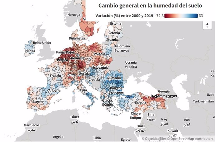 Variación de la humedad del suelo en la última década en cada región de europa