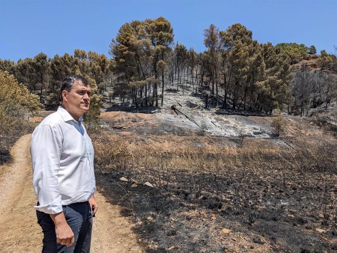 El presidente de CHA, Joaquín Palacín, junto a una de las zonas afectadas por el incendio