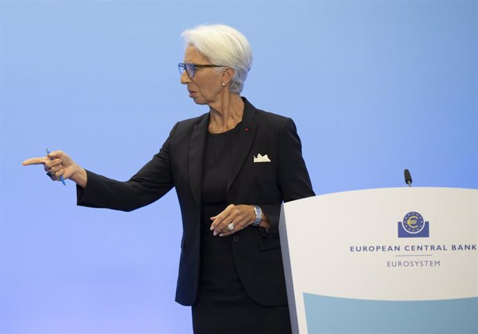 21 July 2022, Hessen, Frankfurt_Main: Christine Lagarde, President of the European Central Bank (ECB), speaks at the bank's press conference. The European Central Bank is raising interest rates for the first time in 11 years, announcing an increase of 0