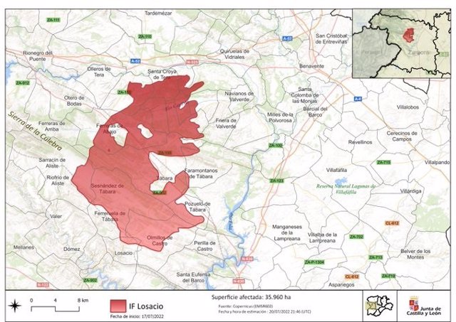 Plano de superficie calcinada por el incendio forestal de Losacio, según datos del sistema de medición Copernicus.