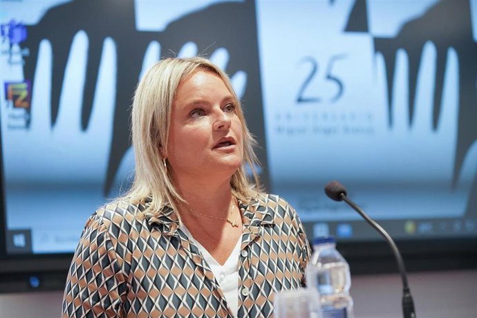 La hermana de Miguel Ángel Blanco (asesinado por ETA), Marimar Blanco, interviene durante la inauguración de la exposición La voz de las manos blancas en el Centro Memorial de las Víctimas del Terrorismo, a 21 de julio de 2022, Vitoria, en Álava, País