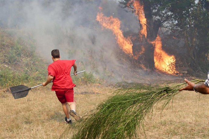 Una persona ayuda a apagar el fuego de Folgoso do Courel, a 20 de julio de 2022, en Folgoso do Courel, Lugo, Galicia.