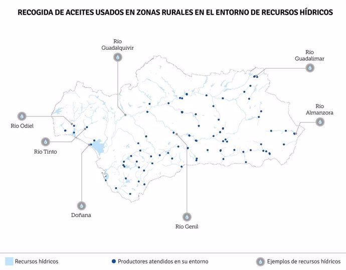 Mapa de la recogida de aceites usados en zonas rurales en el entorno de recursos hídricos.