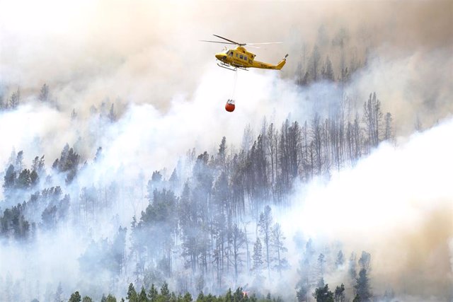 Un helicóptero contra incendios descarga agua sobre un incendio forestal en Tenerife Norte, a 23 de julio de 2022, en Tenerife, Santa Cruz de Tenerife, Canarias, (España). El incendio comenzó el pasado jueves 21 y afecta a los municipios de Los Realejos, 