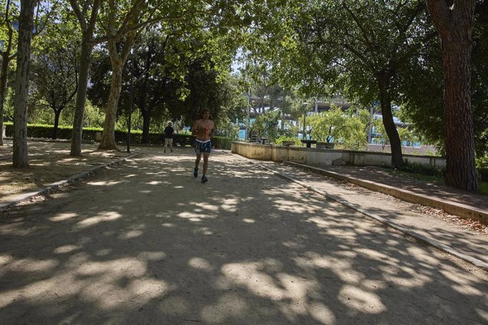 Un hombre corre sin camiseta en el parque Quinta de los Molinos.