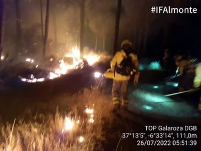 Efectivos del Infoca trabajan durante la noche en el incendio forestal declarado en Almonte (Huelva)