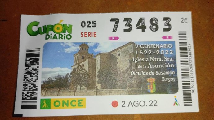 Cupón que lleva la imagen de la Iglesia de Nuestra Señora de la Asunción de Olmillos para el sorteo del 2 de agosto,