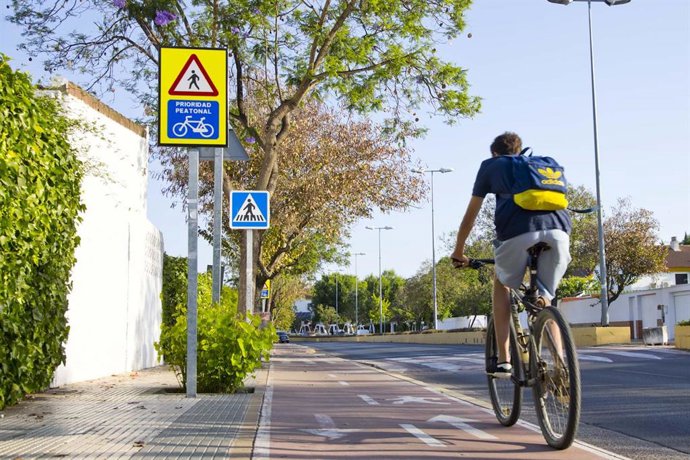 Archivo - Un ciclista por uno de los carriles bici de la localidad.