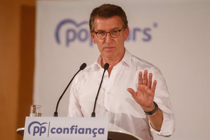 El presidente del Partido Popular (PP), Alberto Núñez Feijóo, interviene durante el XIV congreso del Partido Popular catalán, a 23 de julio de 2022, en Barcelona, Cataluña (España).
