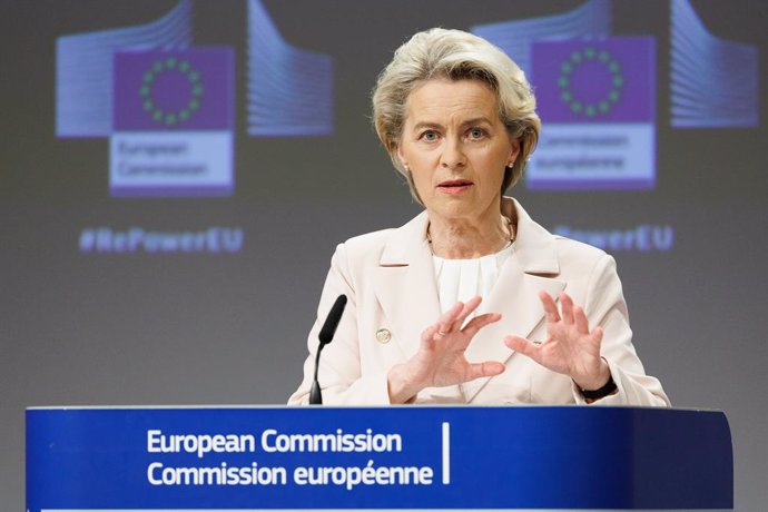 HANDOUT - 20 July 2022, Belgium, Brussels: European Commission President Ursula von der Leyen, gives a press conference after the College meeting on the 'Save gas for a safe winter' package at the EU headquarters. Photo: Christophe Licoppe/European Comm