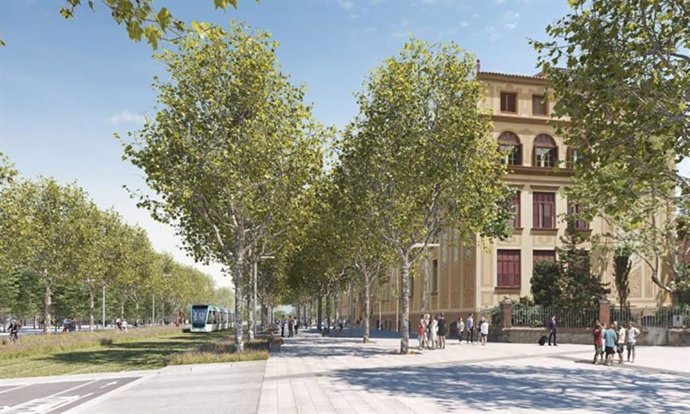 Imagen virtual del futuro tranvía a su paso por el cruce entre avenida Diagonal y calle Aragó de Barcelona.