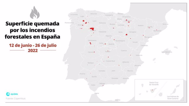 Mapa realizado a partir de información facilitada por el programa Copernicus de la Comisión Europea a EpData, que muestra las superficies quemadas por el fuego entre el 12 de junio y el 26 de julio de 2022 en España