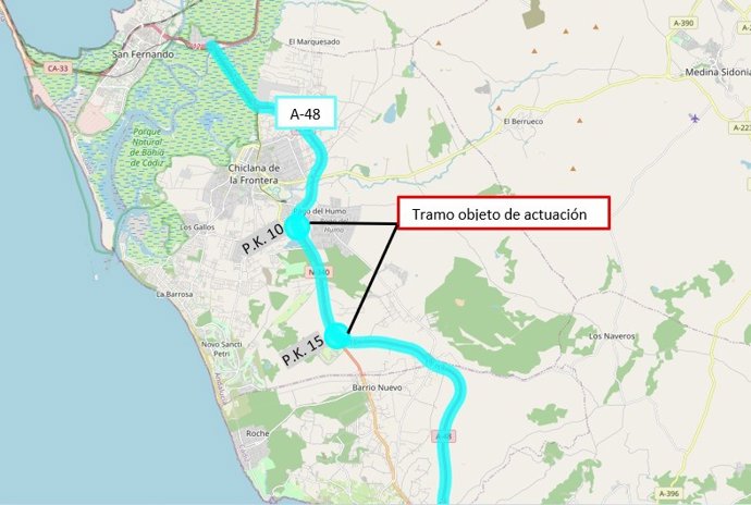 Ubicación del tramo objeto de actuación (calzada A-48 en Chiclana de la Frontera, Cádiz)