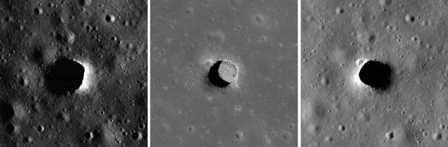 La Cámara del Orbitador de Reconocimiento Lunar de la NASA toma imágenes del pozo de Marius Hills tres veces, cada vez con una iluminación muy diferente