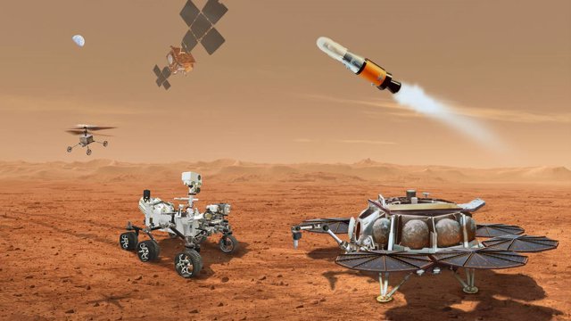Ilustración que muestra a múltiples robots que se unirían para transportar a la Tierra muestras recolectadas de la superficie de Marte por el rover Mars Perseverance de la NASA.