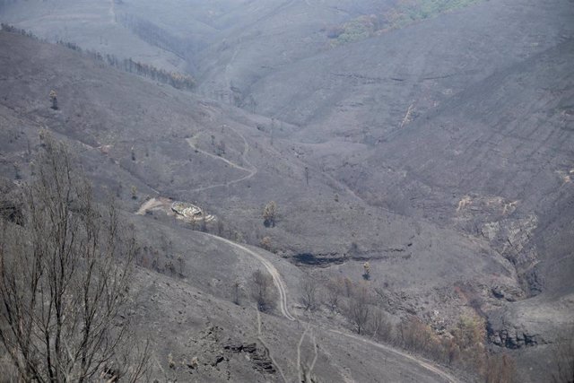 Vista general de la zona afectada por el fuego de Folgoso do Courel, a 20 de julio de 2022, en Folgoso do Courel, Lugo, Galicia (España). La Consellería de Medio Rural ha elevado a más 1.400 los desalojados por incendios en 80 núcleos en los fuegos que af